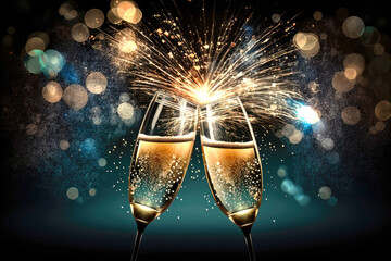 Two glasses of champagne sparkling wine with festive background. Valentines day, New Years, wedding, birthday, party celebrations. Generative ai