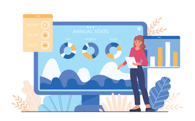 Website stats concept. Young girl analyzes graphs, charts and diagrams, SEO specialist evaluates user behavior. Web page promotion, search engine optimization. Cartoon flat vector illustration - obrazy, fototapety, plakaty