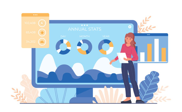 Website stats concept. Young girl analyzes graphs, charts and diagrams, SEO specialist evaluates user behavior. Web page promotion, search engine optimization. Cartoon flat vector illustration