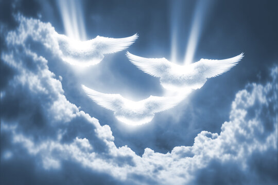 A dreamy cloudy blue sky with a surreal shiny angel wings. Generative AI