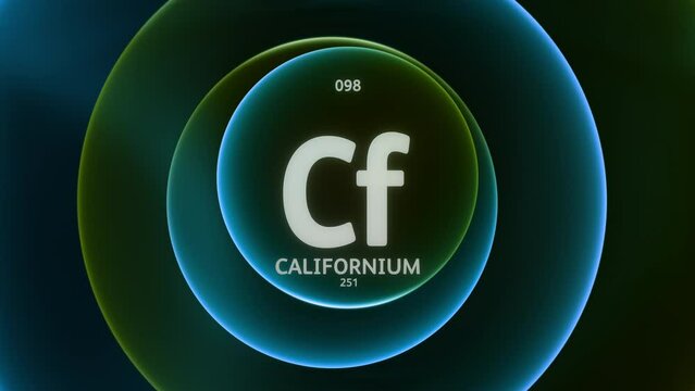 Californium as Element 98 of the Periodic Table. Concept animation on abstract green blue gradient rings seamless loop background. Title design for science content and infographic showcase backdrop.