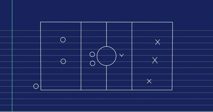Animation of football game strategy plan against blue lined paper background