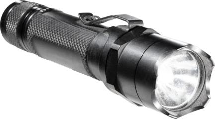 Small waterproof flashlight made of aluminum and turned on isolated on a white background