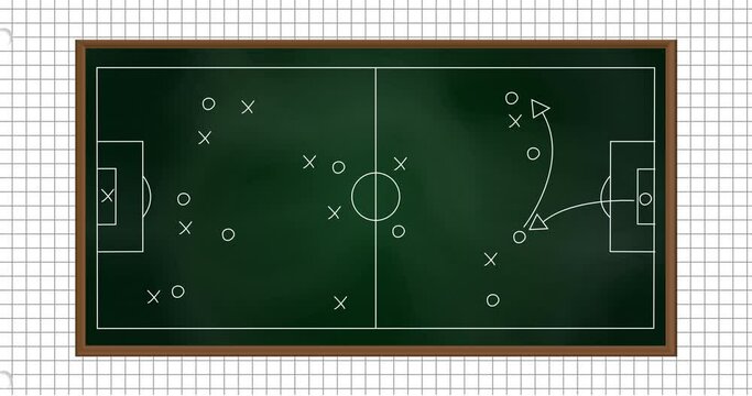 Animation of football game strategy drawn on green chalkboard against squared lined paper background