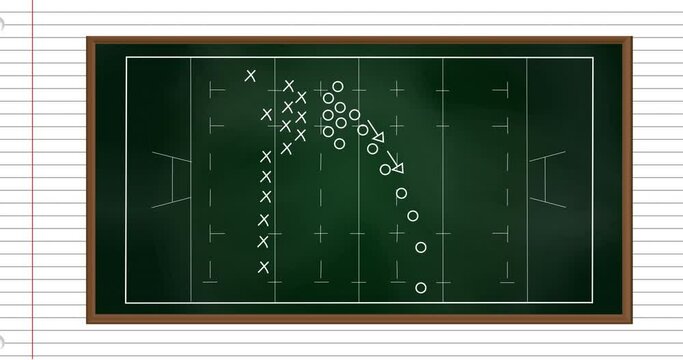 Animation of football game strategy drawn on green chalkboard against white lined paper background