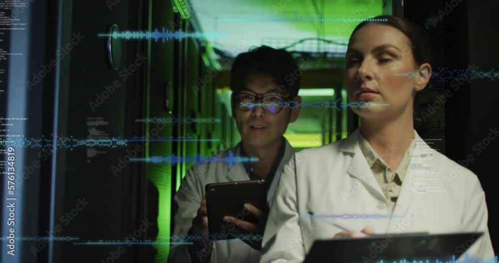 Poster animation of data processing over diverse male and female engineers working at computer server room