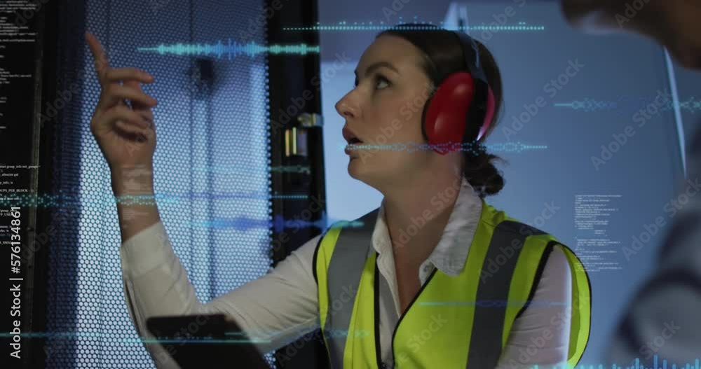 Poster animation of data processing over diverse male and female engineers working at computer server room