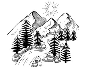 Mountain landscape with firs, river and stones. sketch vector illustration