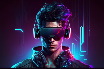 A Man Wearing Virtual Reality Google Concept in Futuristic Technology Cyberspace Art Background - Generative AI