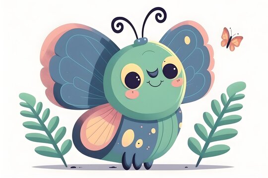 Wallpaper Illustration and background of a cute and colorful butterfly, cartoon for kids and children. Front view. Concept of cute image. Generative AI