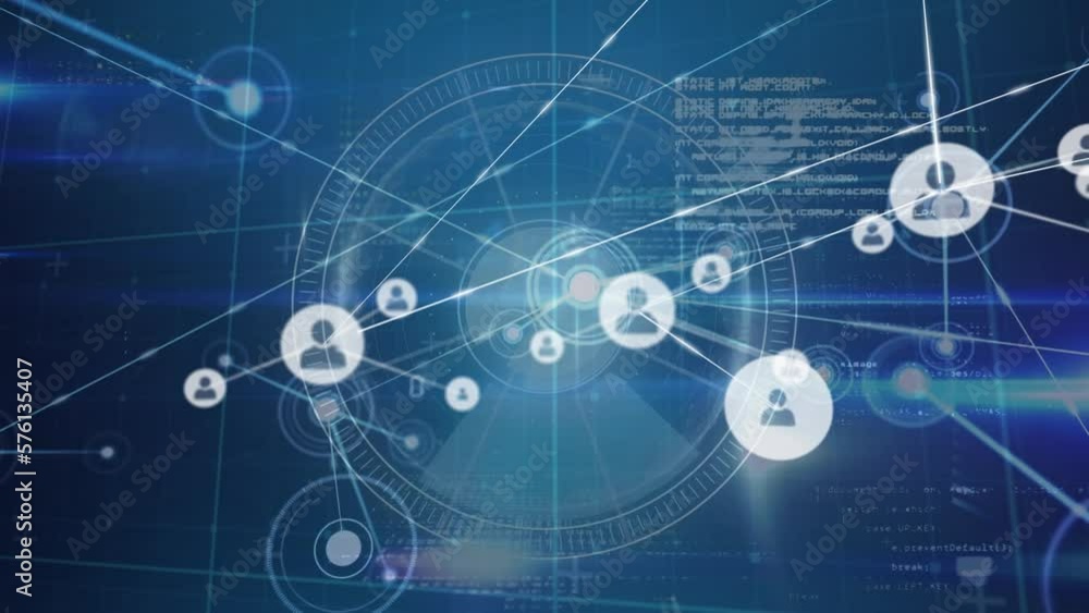 Poster animation of network of profile icons over round scanner and light trails against blue background