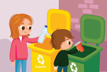 Children sorting waste. Eco friendly illustration. Kids doing waste sorting. Environmental protection. Eco friendly. - obrazy, fototapety, plakaty