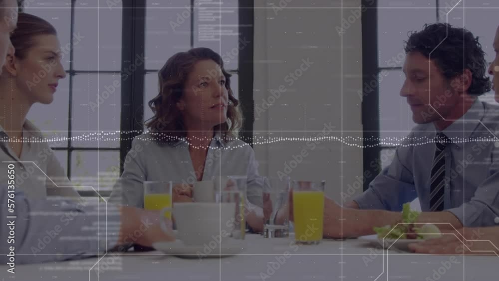 Poster animation of data processing over diverse businesspeople discussing while having lunch at office