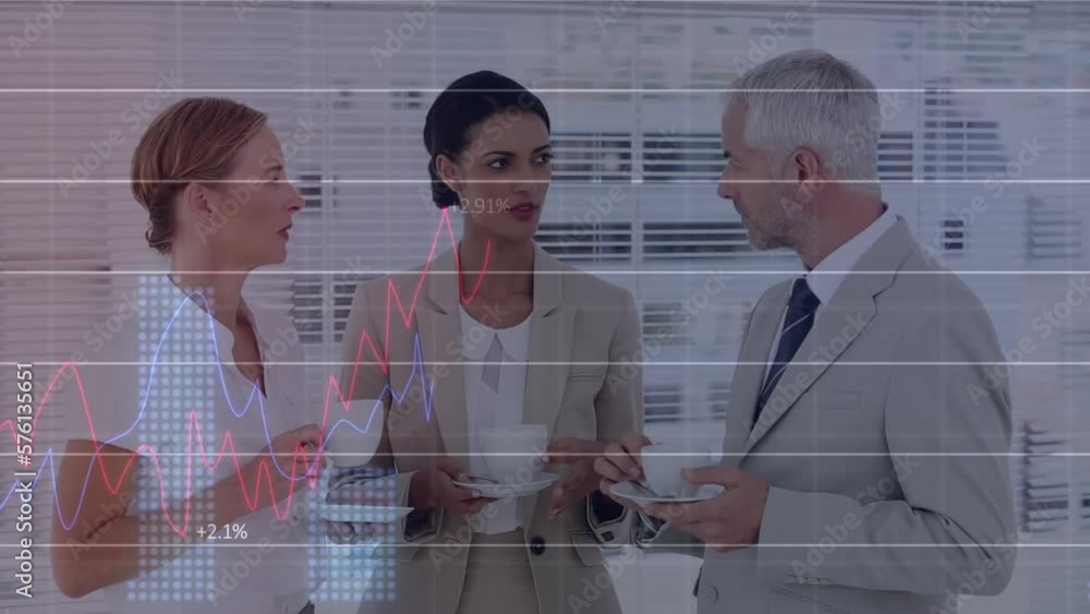 Poster animation of data processing over diverse businesspeople discussing while having coffee at office