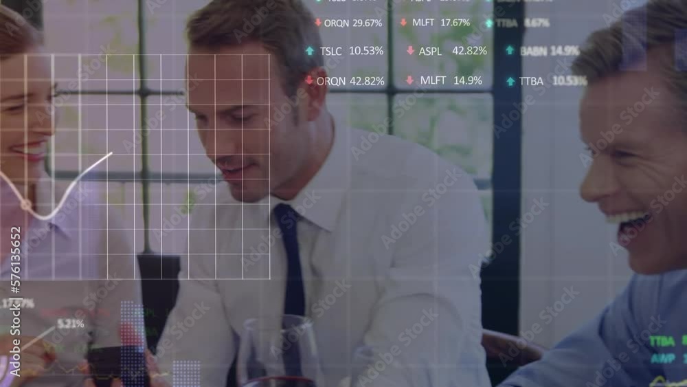 Poster animation of data processing over diverse businesspeople discussing while having drinks at office