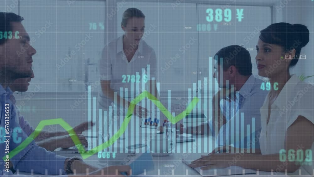 Poster animation of data processing against diverse businesspeople discussing over documents at office