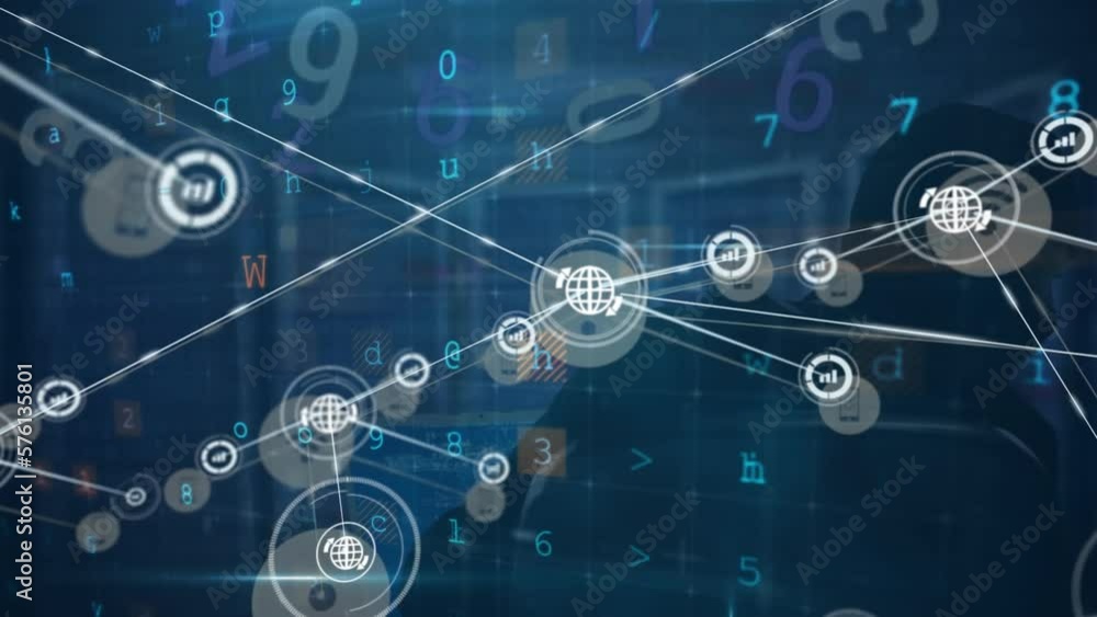 Poster animation of network of digital icons, cyber security data processing over male hacker using laptop