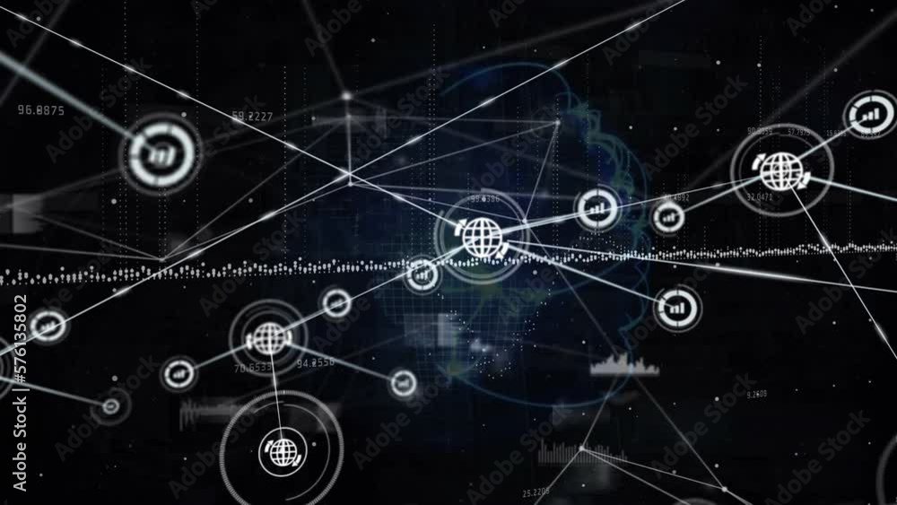 Poster animation of network of digital icons and data processing against light trails over spinning globe