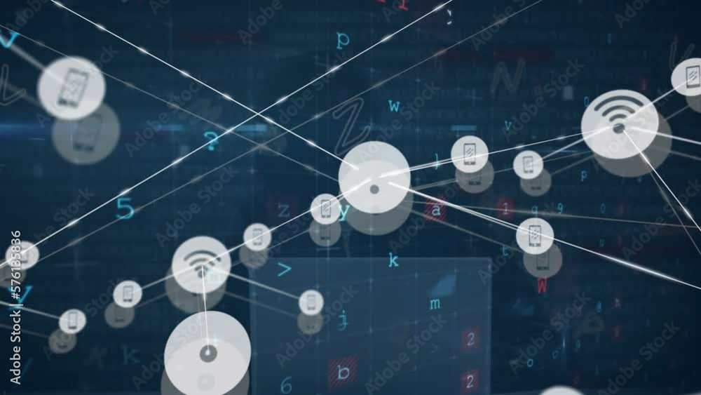 Poster animation of network of digital icons, cyber security data processing over male hacker using laptop