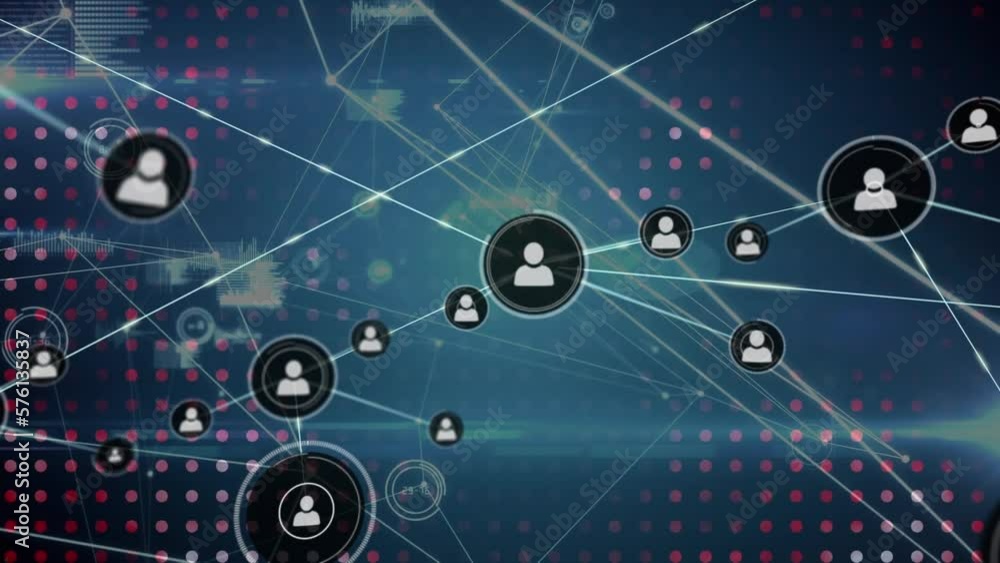 Poster animation of network of profile icons and data processing over dots pattern against blue background