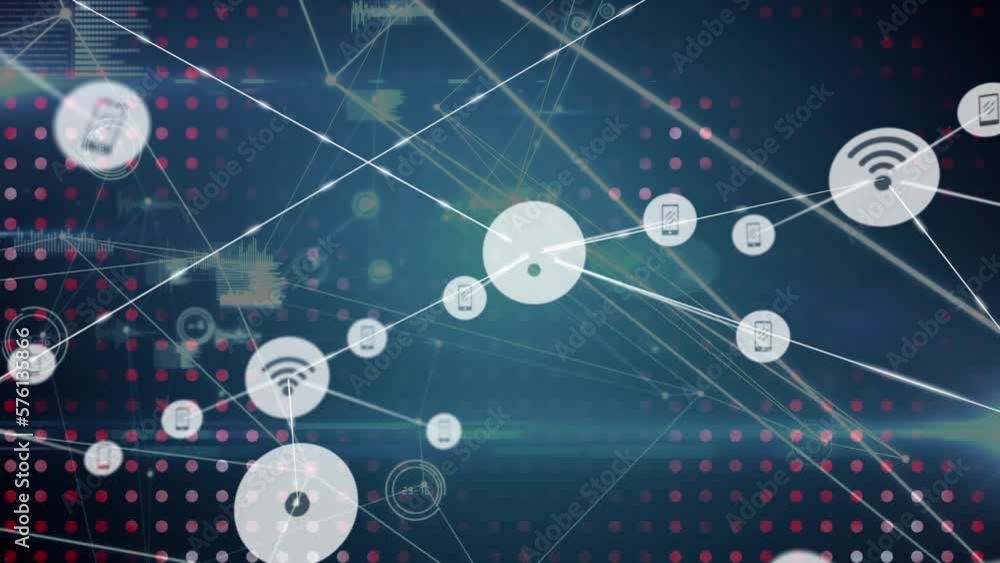 Poster animation of network of digital icons and data processing over dots pattern against blue background