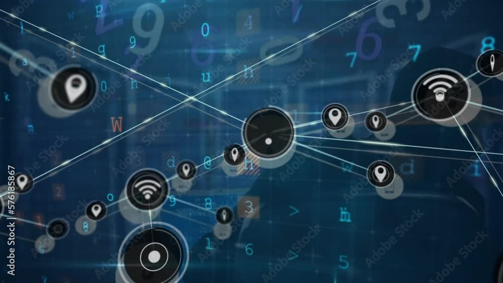 Poster animation of network of digital icons, cyber security data processing over male hacker using laptop