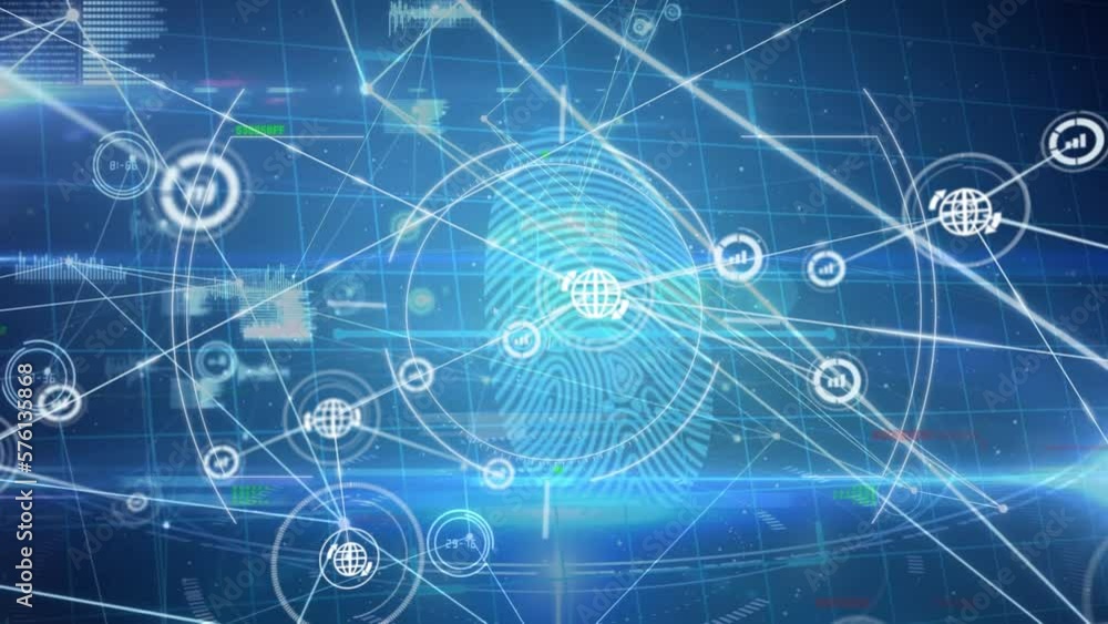 Aufkleber animation of scope scanning over biometric fingerprint scanner and network of digital icons