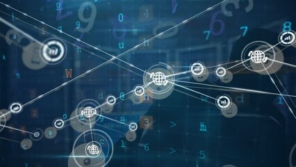 Animation of network of digital icons, cyber security data processing over male hacker using laptop - Powered by Adobe