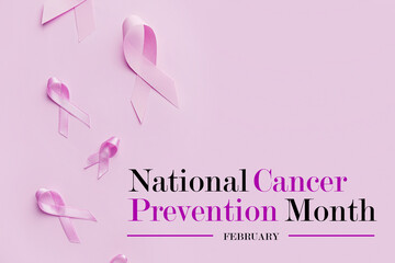 Banner with awareness ribbons on lilac background. Concept of World Cancer Day