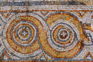 Remains of fine artful mosaics decorating floors of houses in ancient town of Ephesus....