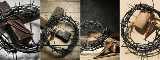 Collage of crown of thorns with cross, nails and mallet