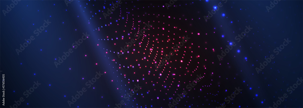 Poster Dark blue vector wide abstract technology background with red and blue particle dots. Vector illustration