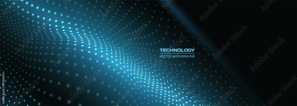 Poster Digital technology wide abstract background with blue tech particle wave. Futuristic technology artificial intelligence vector illustration