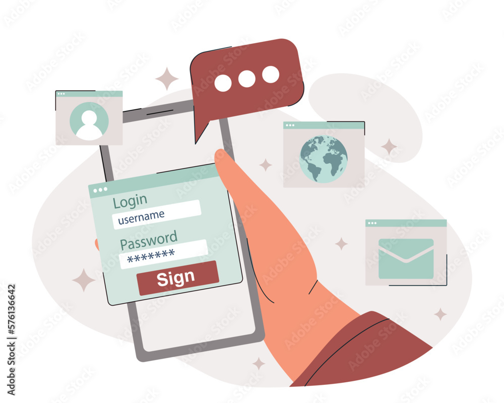 Poster internet security concept. hand holds smartphone, device gadgets. login and password, authorization 