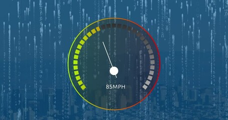 Animation of speedometer and binary coding against aerial view of cityscape - Powered by Adobe