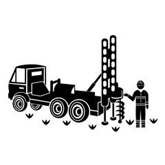 Vector illustration, logo, icon of the car and drilling rig. Construction industry. Isolated on a white background.
