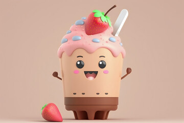 Whimsical cartoon pink strawberry and chocolate ice cream with sprinkles ,Generative AI