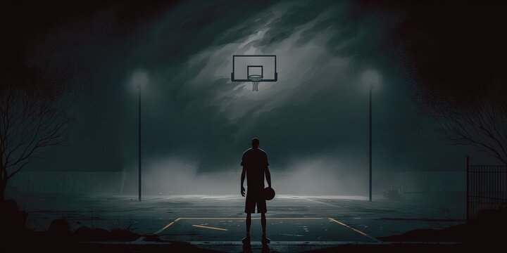 An image of a basketball player gazing at the hoop, Generative AI