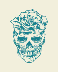 skull with rose flower, hand drawn vector illustration