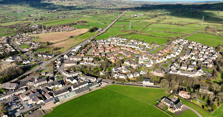 Aerial view of Residential housing and businesses in the Village of Ballynure near Ballyclare Town Co Antrim Northern Ireland