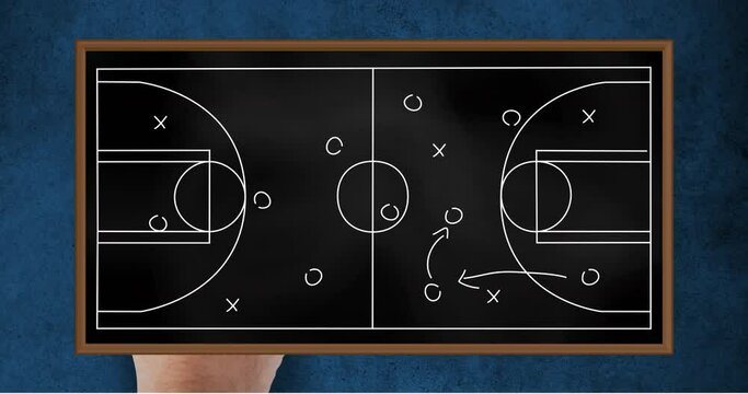 Animation of football game strategy drawn on black chalkboard against blue textured background