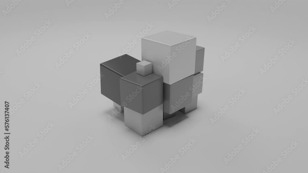 Poster abstract 3d animation of a large cube that splits into many cubes. cubes begin to change size and tu