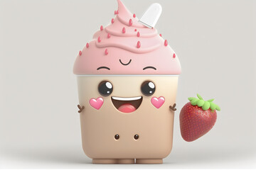 Cartoon pink strawberry and chocolate ice cream cone with sprinkles ,Generative AI