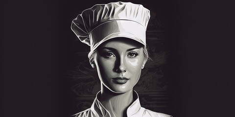 A depiction of a female cook wearing a hat and a white outfit, Generative AI