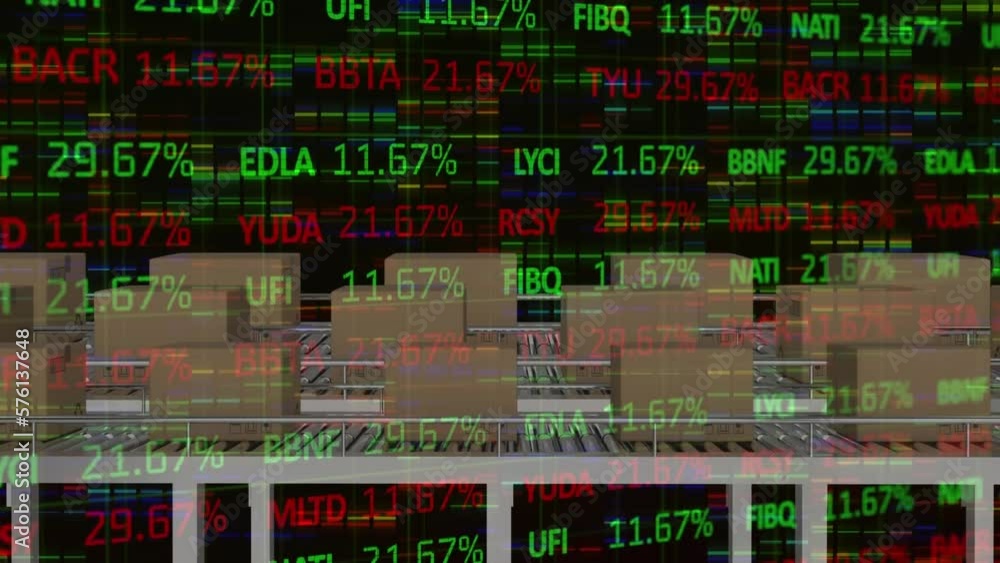 Poster animation of stock market data processing and mosaic squares against delivery boxes on conveyer belt