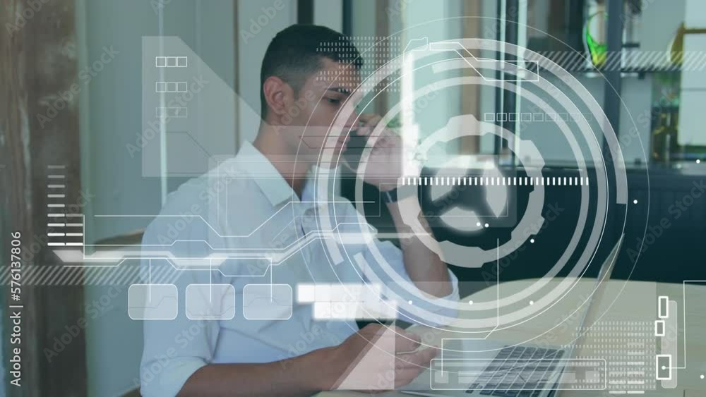 Poster animation of interface with data processing against biracial man talking on smartphone at office