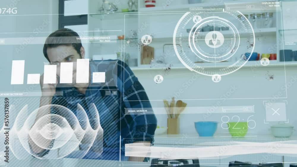 Poster animation of interface with data processing against caucasian man talking on smartphone at home