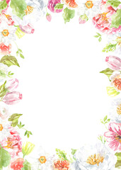 Fototapeta na wymiar Watercolor Easter floral frame illustration. Botanical spring flower frame, wreath, chaplet, peony,rose, cute Easter bunny animal clipart, baby shower, happy birthday invite,border, banner, wallpaper 