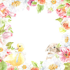Watercolor Easter floral frame illustration. Botanical spring flower frame, wreath, chaplet, peony,rose, cute Easter bunny, duck animal clipart, baby shower, happy birthday invite,border, banner 