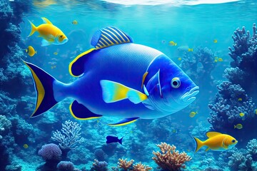 Naklejka na ściany i meble Underwater coral reef landscape with fish, generative ai, in the deep blue ocean with colorful marine life